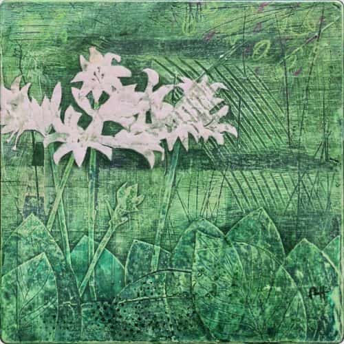 Philip High Amarylis and Hosta 10x10 acrylic and mixed media on wood WEB