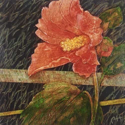 Red Hibiscus 10x10 acrylic and mixed media WEB