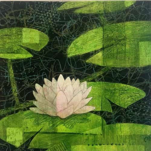 Half light Lotus 10x10 acrylic and mixed media on wood