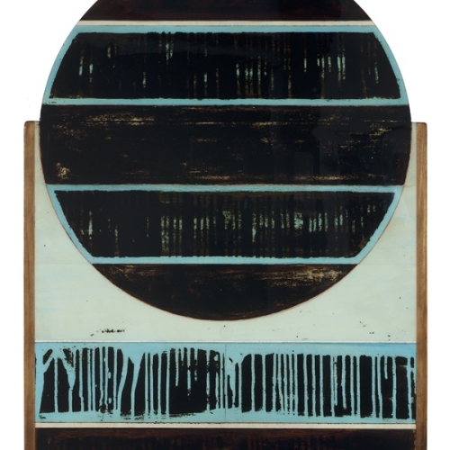 Marco Logsdon. Circle Out 3 oil tar and resin on reclaimed panel and tabletop